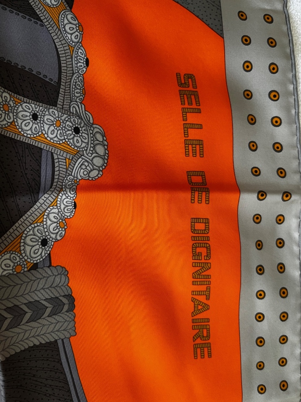 SALE ~~ EXCELLENT Hermes Selle de Dignitaire 100% Silk Scarf CW13 Grey/Orange - Picture 2 of 15